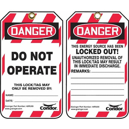 Lockout Tag, Danger, Plastic, 3 1/4 in Width, 5 3/4 in Height, Write On Surface: Yes ,100 PK