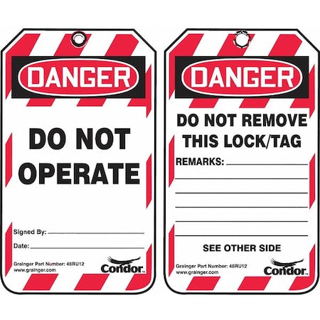 Lockout Tag, Danger, Plastic, 3 1/4 in Width, 5 3/4 in Height, Write On Surface: Yes ,100 PK