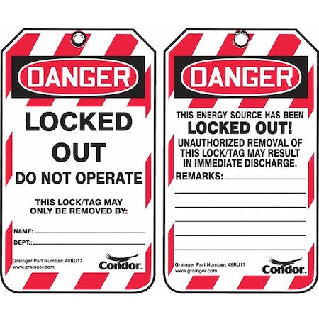 Lockout Tag, Danger, Locked Out Device, Plastic, Write-On Surface, Nylon Ties, English, 25 Per Pack