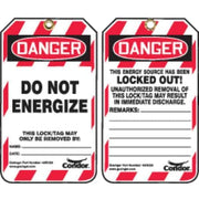 Lockout Tag, Danger, Do Not Energize, Plastic, 3.25 in W x 5.75 in H, Red/White, PK25