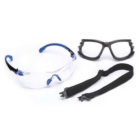 Safety Glasses Kit W/ Elastic Strap, Foam Gasket, Solus 1000, Anti-Fog, Black/Blue, Clear