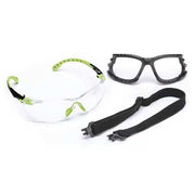 Solus Safety Glasses Kit, Strap, Removable Foam Gasket, Anti-Fog/Scratch, Black/Green, Clear Lens