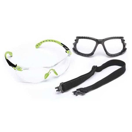 Solus Safety Glasses Kit, Strap, Removable Foam Gasket, Anti-Fog/Scratch, Black/Green, Clear Lens