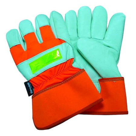 Leather Gloves, Cowhide, Safety Cuff, Wing Thumb, Full Finger, White/High-Visibility Orange, M