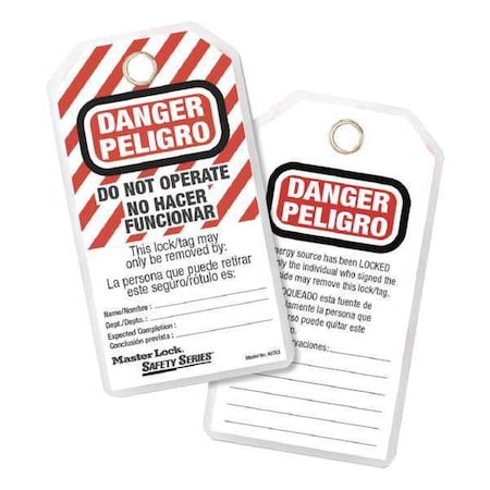 Danger Bilingual Tag, Danger, Polyester, 3 1/8 in Width, 5 3/4 in Height, Write On Surface: Yes