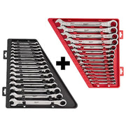 15pc Ratcheting Combination Wrench Set, SAE + 15pc Ratcheting Combination Wrench Set, Metric