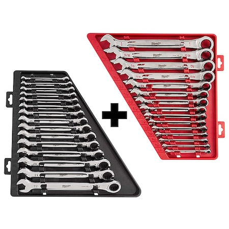 15pc Ratcheting Combination Wrench Set, SAE + 15pc Ratcheting Combination Wrench Set, Metric