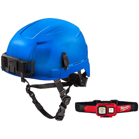 Safety Helmet and Headlamp, Polycarbonate, Swinging Ratchet, Blue