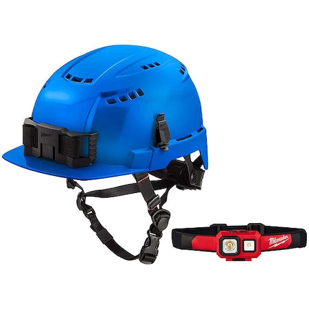 Safety Helmet and Headlamp, Polycarbonate, Swinging Ratchet, Blue