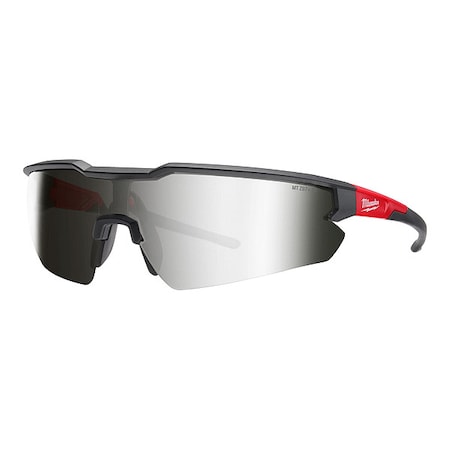 Safety Glasses, Mirrored Lens, Anti Scratch, Flexible Nose Bridge, Black/Red Frame