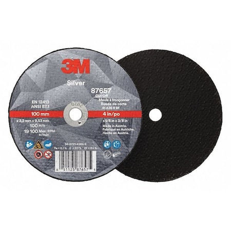 Abrasive Cut-Off Wheel, Type 1, 4 in Dia, 0.125 in Thick, 3/8 in Arbor Hole Size, Ceramic, 36 Grit