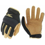 Mechanics Gloves, Goatskin/Neoprene, Hook-and-Loop Cuff, Wing Thumb, Full Finger, Black/Brown, 8