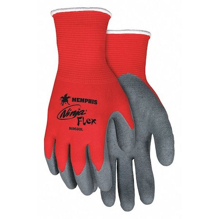 Coated Gloves, Latex, Crinkled, Palm, Not Rated Abrasion Level, Red/Gray, M 1 PR