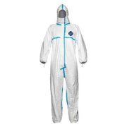 Coverall with hood. Serged and over- Elastic thumb loops. Elastic wrists, ankles and face. LG