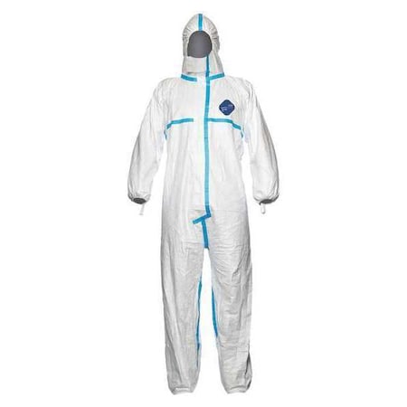 Coverall with hood. Serged and over- Elastic thumb loops. Elastic wrists, ankles and face. LG
