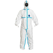 Coverall with hood. Serged and over- Elastic thumb loops. Elastic wrists, ankles and face. 7X