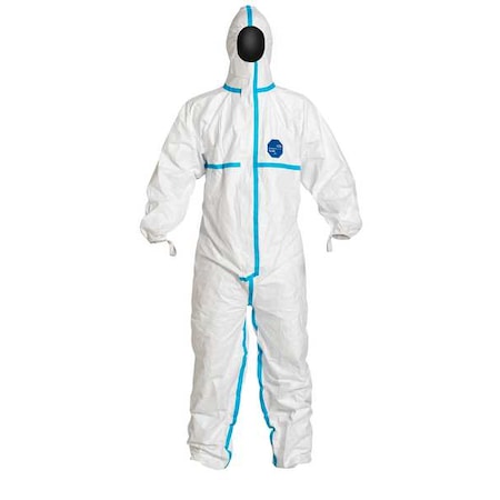 Coverall with hood. Serged and over- Elastic thumb loops. Elastic wrists, ankles and face. 2X