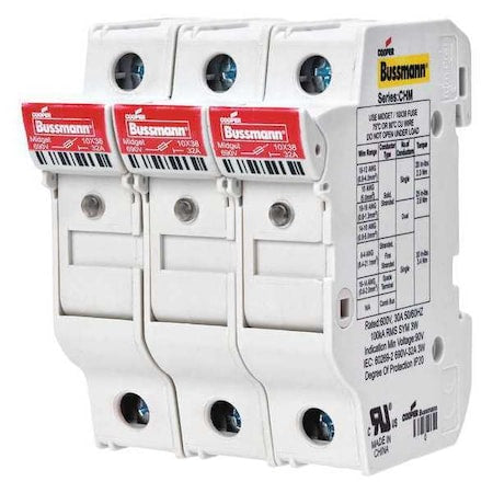 Fuse Holder, 0 to 30A Amp Range, 600V AC/DC Volt Rating, 3 Poles, Clamp/Spade Lug