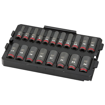 19 pc. SHOCKWAVE Impact Duty 3/8" Drive Metric Deep Well Socket Set, PACKOUT Low Organizer Tray