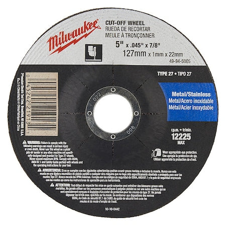 Cut-off Wheel, Type 27, 4.5 in Dia, 0.045 in Thick
