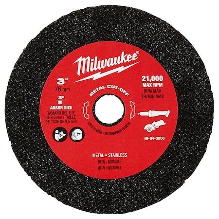 Abrasive Cut-Off Wheel, Type 1, 3 in Dia, 0.04 in Thick, 3/8 in Arbor Hole Size, Aluminum Oxide