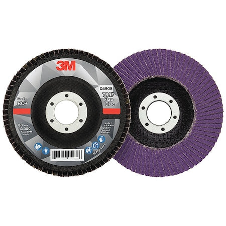 3M Flap Disc, 4 1/2 in Dia, 7/8 in Connector Size, Ceramic, Type 29, 80 Grit, Fiberglass Bk, 769F