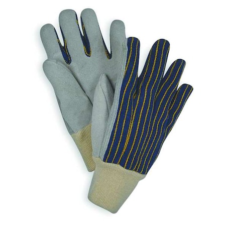 Leather Gloves, Cowhide, Knit Cuff, Straight Thumb, Full Finger, Blue/Gray, L, 1 PR
