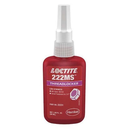 Threadlocker, LOCTITE 222MS, Purple, Low Strength, Liquid, 50 mL Bottle