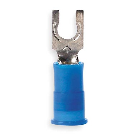 Fork Terminal, #6 Stud Size, 14 AWG, 600 V, Nylon Insulated, Blue, Crimp Termination Only, 100 PK