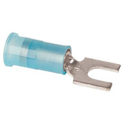Fork Terminal, #6 Stud Size, 14 AWG, 600 V, Nylon Insulated, Blue, Crimp Termination Only, 100 PK