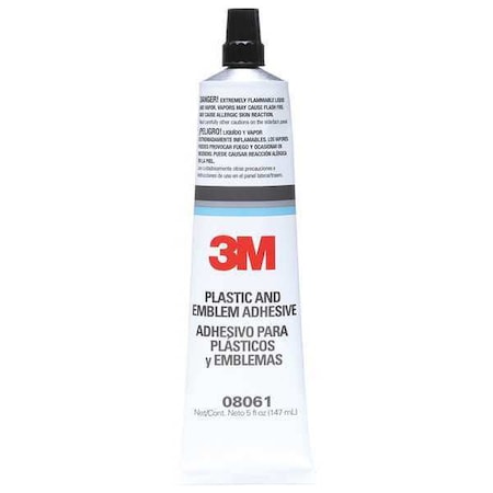 Plastic/Emblem Adhesive, 5 oz, Tube, Clear, Synthetic Elastomer Base, Begins to Harden in 5 min, 6PK