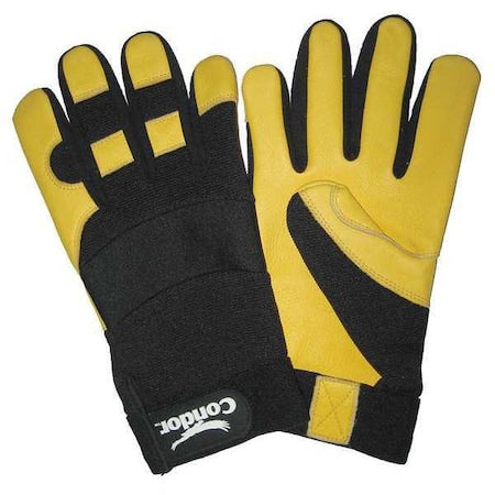 Mechanics Gloves, Grain Deerskin Leather Palm, M, Black/Yellow