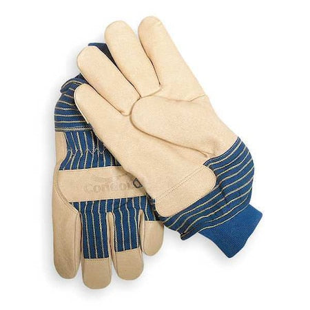 Leather Gloves, Pigskin, Knit Cuff, Wing Thumb, Full Finger, Beige/Blue, XL, 1 PR