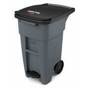 BRUTE 32 gal Rectangular Rolling Plastic Can, Gray, Foot Pedal, Plastic, 20 5/8 in