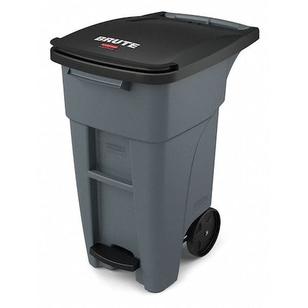 BRUTE 32 gal Rectangular Rolling Plastic Can, Gray, Foot Pedal, Plastic, 20 5/8 in