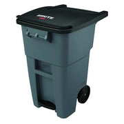 BRUTE 50 gal Rectangular Rolling Plastic Can, Gray, Foot Pedal, Plastic, 23 3/8 in