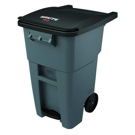 BRUTE 50 gal Rectangular Rolling Plastic Can, Gray, Foot Pedal, Plastic, 23 3/8 in