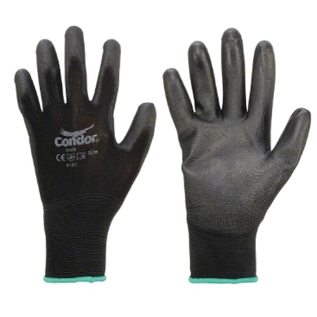 Coated Gloves, Polyurethane, Flat, Palm and Fingers, Not Rated Abrasion Level, Black, S 1 PR