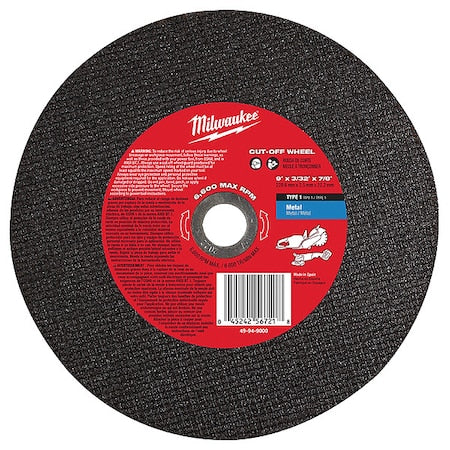 Abrasive Cut-Off Wheel, Type 1, 9 in Dia, 0.093 in Thick, 7/8 in Arbor Hole Size, Aluminum Oxide