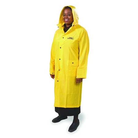 Raincoat with Detachable Hood, PVC, 49 in Length, Snap Closure, Yellow, M