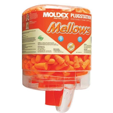 Mellows Ear Plugs with Dispenser, Foam, Bell, 30 dB NRR, Uncorded, 250 Pairs Per Pkg