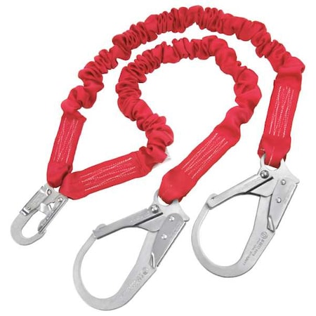 PRO Stretch Shock Absorbing Lanyard, 100% Tie-Off, Elastic, Snap Hook, Two Rebar Hooks, 6 ft, Red