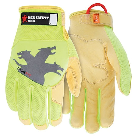 964 Mechanics Gloves, Goatskin Palm, Nylon, Spandex Back, S, Gold/Green/High-Visibility Lime