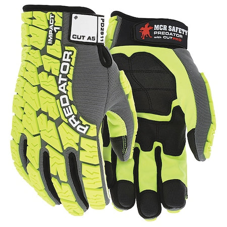Predator Mechanics Gloves, Synthetic Leather Palm, Spandex Back, L, Gray/Lime