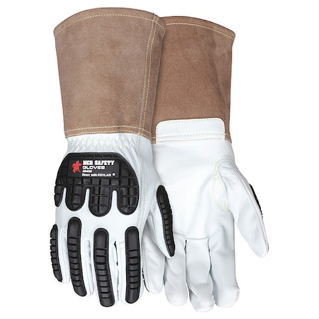 Leather Drivers Gloves, Gauntlet, White / White/Brown, M, 12 PK