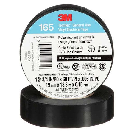Vinyl Electrical Tape, 165 Temflex, 3/4 in W x 60 ft L, 6 mil Thick, Black, 1 Pk