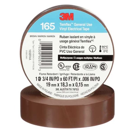Vinyl Electrical Tape, 165 Temflex, 3/4 in W x 60 ft L, 6 mil Thick, Brown, 1 Pk