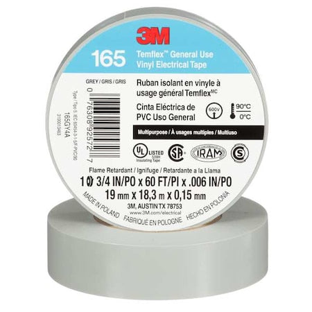 Vinyl Electrical Tape, 165 Temflex, 3/4 in W x 60 ft L, 6 mil Thick, Gray, 1 Pk