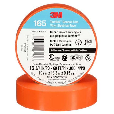 Vinyl Electrical Tape, 165 Temflex, 3/4 in W x 60 ft L, 6 mil Thick, Orange, 1 Pk