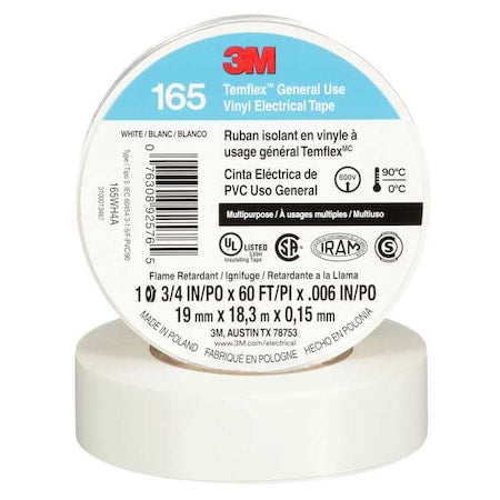 Vinyl Electrical Tape,165, Temflex, 3/4 in W x 60 ft L, 6 mil thick, White, 1 Pack